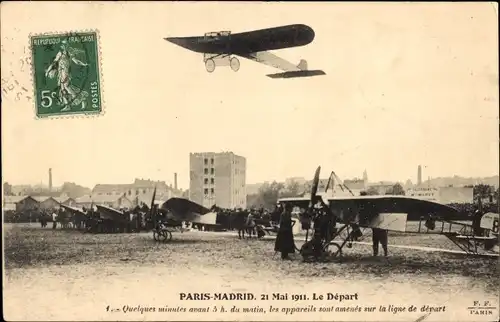 Ak Paris-Madrid 1911, Abflug, Flugzeug