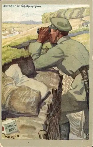 Künstler Ak Georgi, W., Beobachter im Schützengraben, Reklame, Leibniz Keks