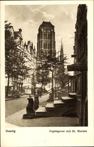 Ak Gdańsk Danzig, Jopengasse mit St. Marien, Treppenaufgang