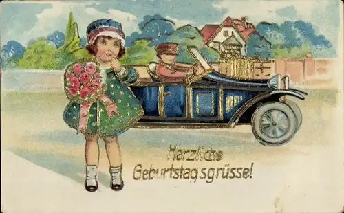 Glitzer Ak Glückwunsch Geburtstag, Gratulanten, Auto, Blumenstrauß