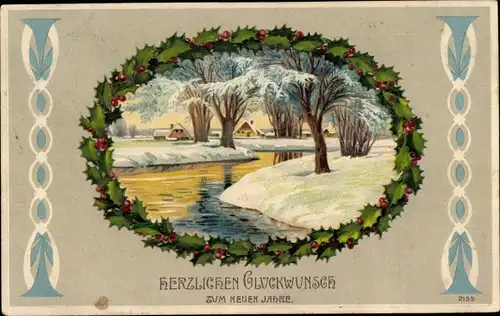 Präge Passepartout Ak Glückwunsch Neujahr, Winterlandschaft, Fluss, Stechpalmenzweige