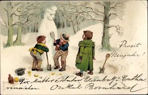 Litho Glückwunsch Neujahr, Kinder, Schneemann, Schaufel