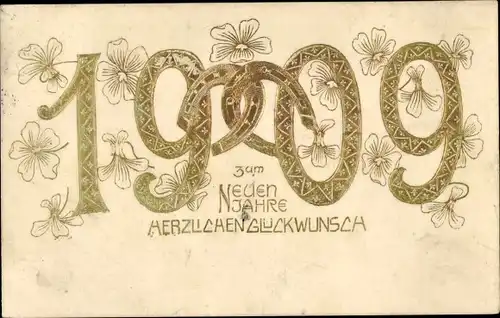 Präge Ak Glückwunsch Neujahr 1909, Glücksklee, Hufeisen