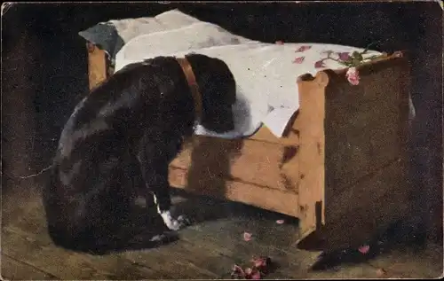 Künstler Ak Mosler, Niedergeschlagener Hund, Kinderbett