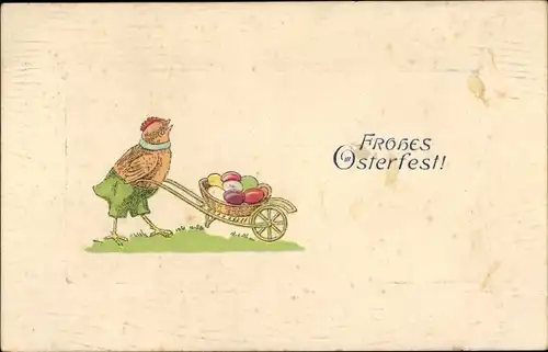 Präge Ak Glückwunsch Ostern, Henne, Schubkarre, Ostereier