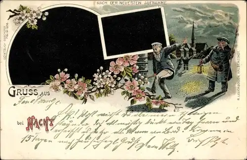 Litho Düsseldorf, Betrunkene bei Nacht, Kirche, Passanten, Nachtwächter, Laterne