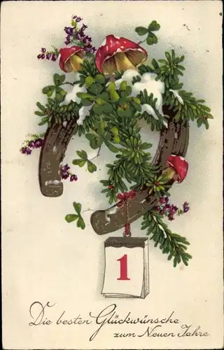 Ak Glückwunsch Neujahr, Kalender, Hufeisen, Glücksklee, Pilz