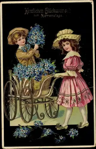 Präge Ak Glückwunsch Namenstag, Kinder, Kinderwagen, Vergissmeinnicht