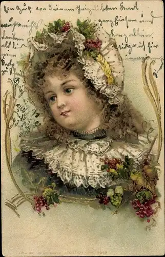 Präge Litho Gemaltes Mädchen-Portrait, Hut, Früchte