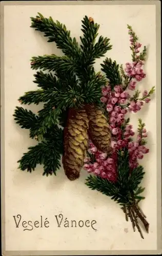 Ak Glückwunsch Weihnachten, Blumen, Tannenzweige, Tannenzapfen