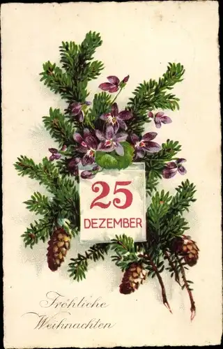 Ak Glückwunsch Weihnachten, Veilchen, Tannenzweige, Tannenzapfen, Kalender