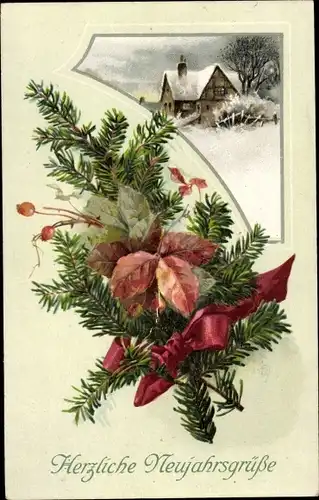 Ak Glückwunsch Neujahr, Tannenzweige, Schleife, Wohnhaus