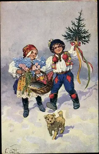 Künstler Ak Cutta, V., Glückwunsch Weihnachten, Kinder in Tracht, Hund, Tannenbaum
