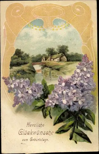 Ak Glückwunsch Geburtstag, Blumen, Haus am Wasser