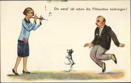 Ak Dir werd ich schon die Flötentöne beibringen, Frau mit Flöte, tanzender Mann
