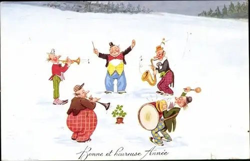 Künstler Ak Wills, John, Glückwunsch Neujahr, Musizierende Männer, Schnee