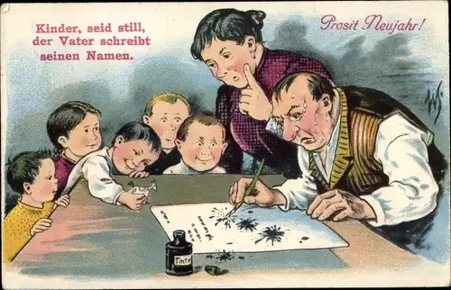 Künstler Ak Scheuermann, Willi, Glückwunsch Neujahr, Mann versucht zu schreiben, Tintenfass