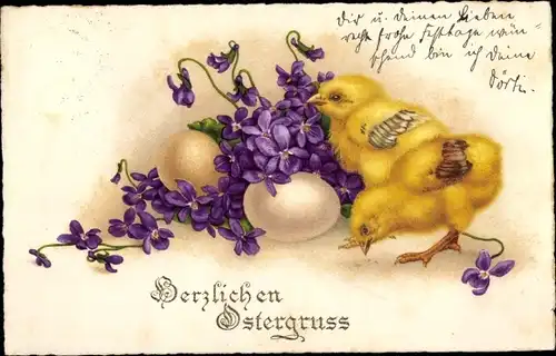 Ak Glückwunsch Ostern, Küken, Eier, Veilchen