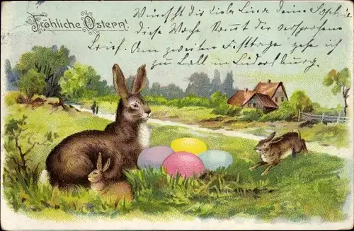 Litho Glückwunsch Ostern, Landschaft mit Ostereiern und Hasen