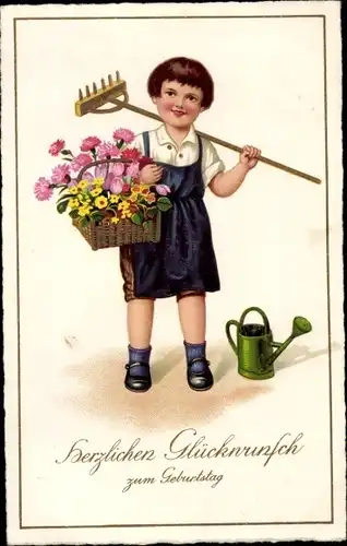 Ak Glückwunsch Geburtstag, Kind mit Blumenkorb und Rechen, Gießkanne