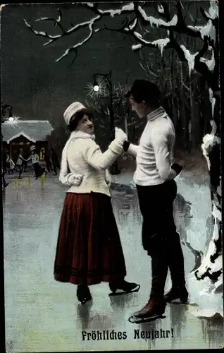 Ak Glückwunsch Neujahr, Paar beim Eislaufen
