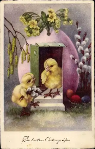 Ak Glückwunsch Ostern, Eierhaus, Küken, Ostereier, Weidenkätzchen