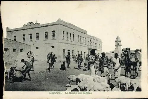 Ak Dschibuti, Viehmarkt, Ziegen, Kamel