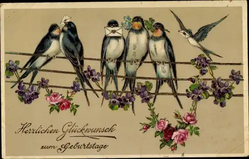 Ak Glückwunsch Geburtstag, Schwalben, Blumen, Veilchen