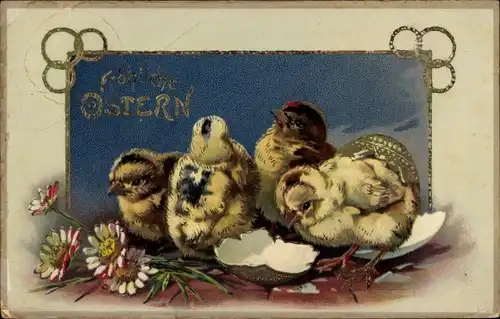 Ak Glückwunsch Ostern, Küken, Blumen