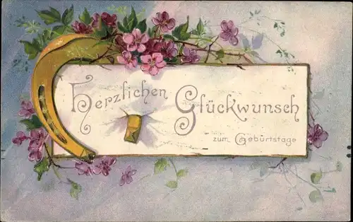 Präge Ak Glückwunsch Geburtstag, Hufeisen, Blumen