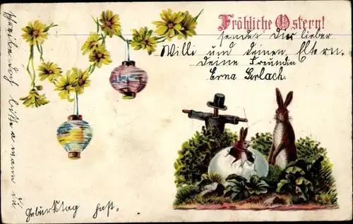 Litho Frohe Ostern, Osterhasen, Ostereierschale, Laternen, Gelbe Blüten