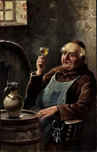 Künstler Ak Mönch trinkt Wein, Fass, Alkohol