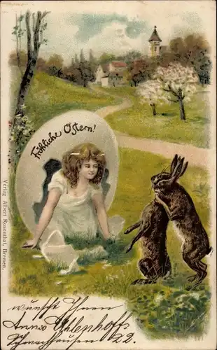 Litho Glückwunsch Ostern, Mädchen im Osterei, Osterhasen