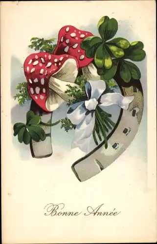 Ak Glückwunsch Neujahr, Hufeisen, Pilze, Glücksklee