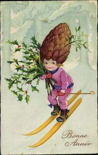 Ak Glückwunsch Neujahr, Kind, Tannenzapfen-Hut, Ski, Stechpalme, Mistelzweige
