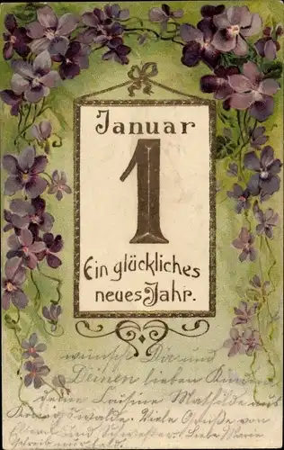 Präge Litho Glückwunsch Neujahr, Kalender, Veilchen