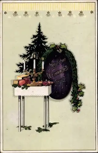 Ak Glückwunsch Weihnachten, Tannenbaum, Stechpalme, Tisch, Kerzen