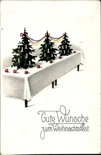 Ak Glückwunsch Weihnachten, Tannenbäume, Tisch