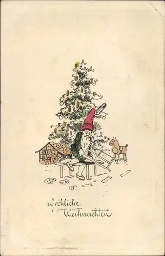 Ak Glückwunsch Weihnachten, Tannenbäume, Zwerg, Spielzeug