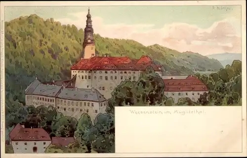 Künstler Litho Nöther, A., Weesenstein Müglitztal in Sachsen, Teilansicht der Stadt