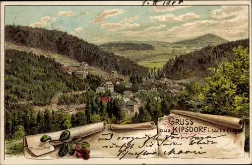 Künstler Litho Spindler, Erwin, Kipsdorf Altenberg im Erzgebirge, Ortschaft mit Landschaftsblick