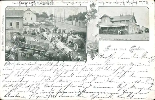 Ak Dresden Leuben, Wagenplatz, Fuhrwerke, Lindengarten