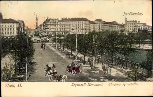 Ak Wien 2 Leopoldstadt Österreich, Tegetthoff Monument, Eingang Hauptallee, Nordbahnhof