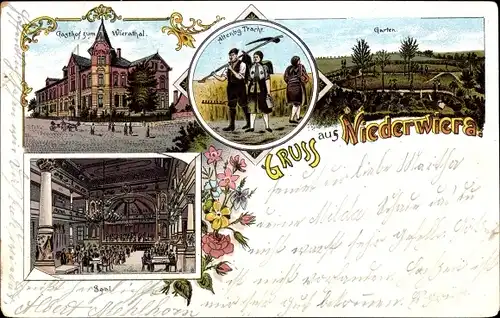 Litho Niederwiera Oberwiera in Sachsen, Gasthof zum Wieratal, Bauern in Altenburger Trachten