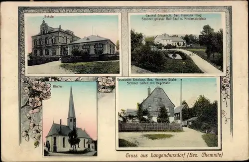 Ak Langenchursdorf Callenberg Sachsen, Schule, Kirche, Gasthof Erbgericht, Restaurant Erholung