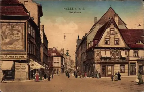 Ak Halle an der Saale, Geiststraße, Konditorei, Fruchtkonserven, Friseur