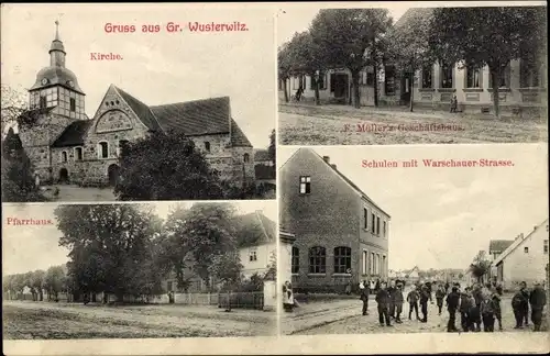 Ak Großwusterwitz Wusterwitz, Kirche, Pfarrhaus, Geschäftshaus F. Müller, Schulen, Warschauer Straße