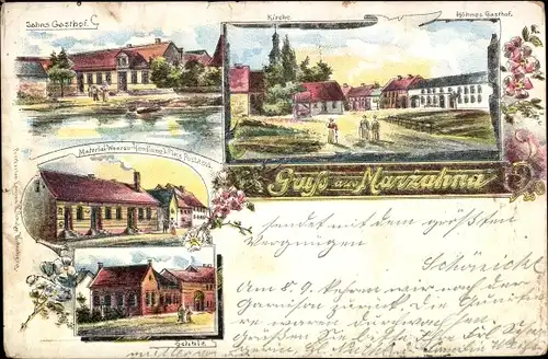 Litho Marzahna Treuenbrietzen, Kirche, Höhnes Gasthof, Jahns Gasthof, Geschäft, Post, Schule