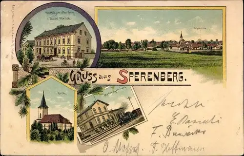 Litho Sperenberg am Mellensee Brandenburg, Gasthof zum alten Krug, Gesamtansicht, Bahnhof, Kirche