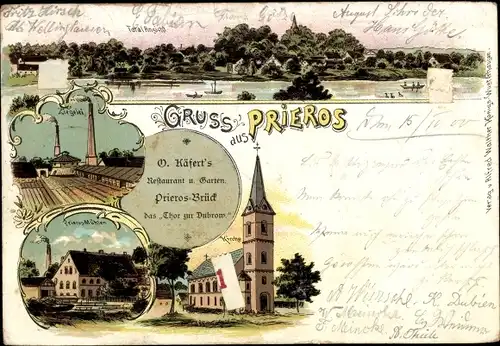Litho Prieros in der Mark, Kirche, Ziegelei, Käfert's Restaurant und Garten Prieros-Brück
